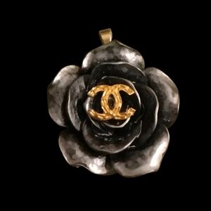 Black Chanel Flower Zipper Pull with Gold Logo